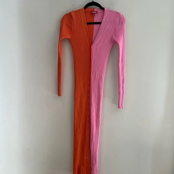 STAUD Two-Tone Long Sleeve Dress in Pink and Orange - Picture 5 of 12